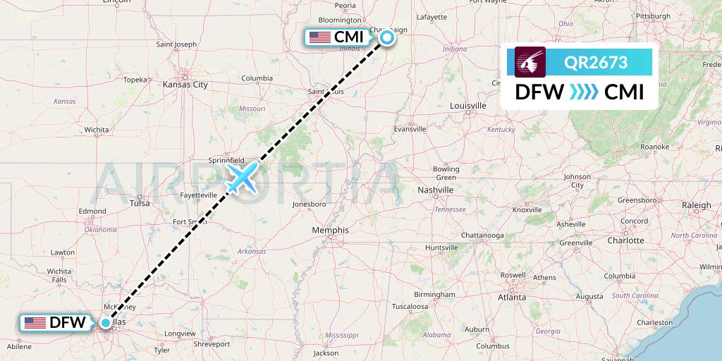 QR2673 Qatar Airways Flight Map: Dallas to Champaign
