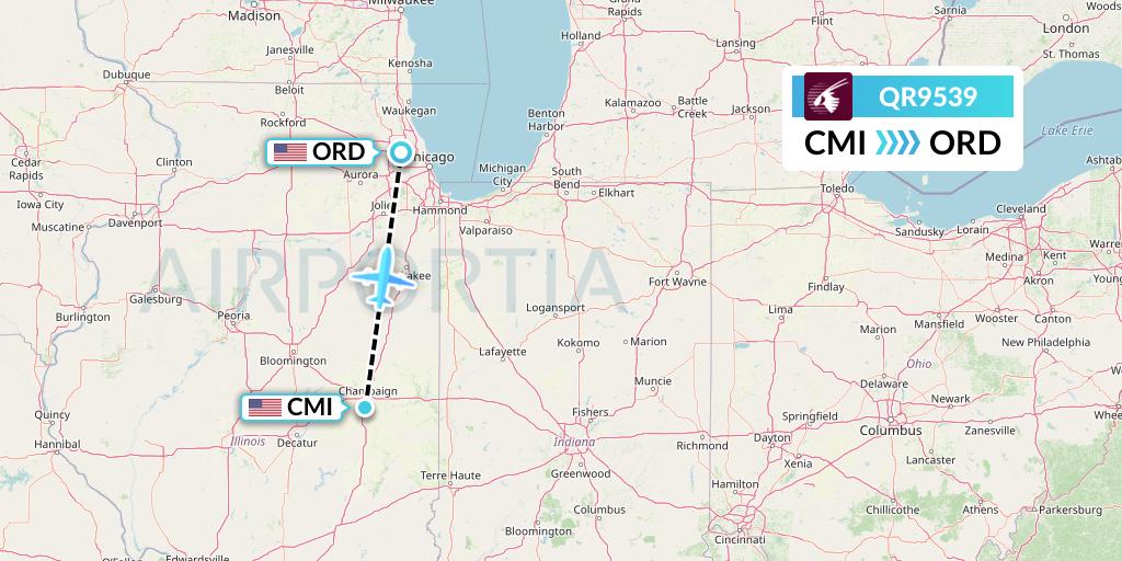 QR9539 Qatar Airways Flight Map: Champaign to Chicago
