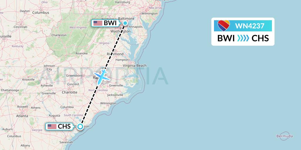 WN4237 Southwest Airlines Flight Map: Baltimore to Charleston