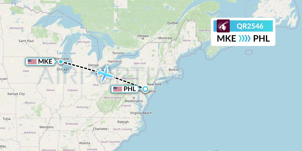 QR2546 Qatar Airways Flight Map: Milwaukee to Philadelphia
