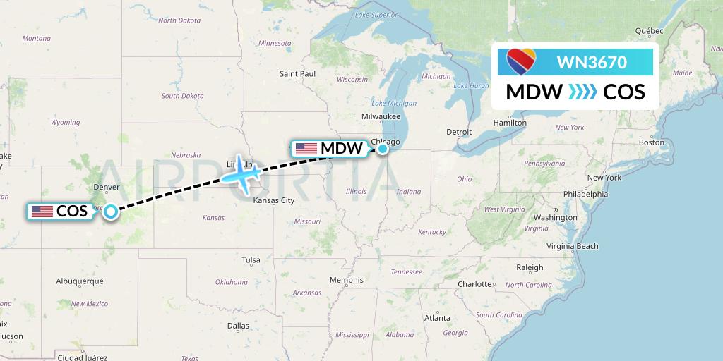 WN3670 Southwest Airlines Flight Map: Chicago to Colorado Springs