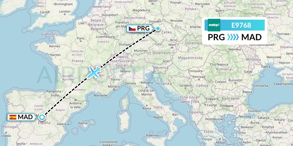 E9768 Evelop Airlines Flight Map: Prague to Madrid