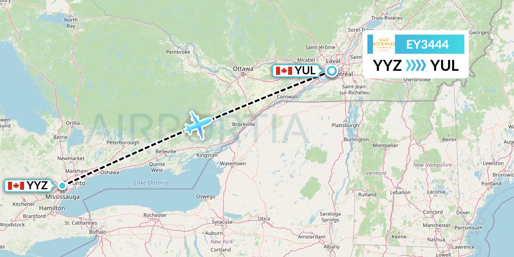 EY3444 Etihad Airways Flight Map: Toronto to Montreal