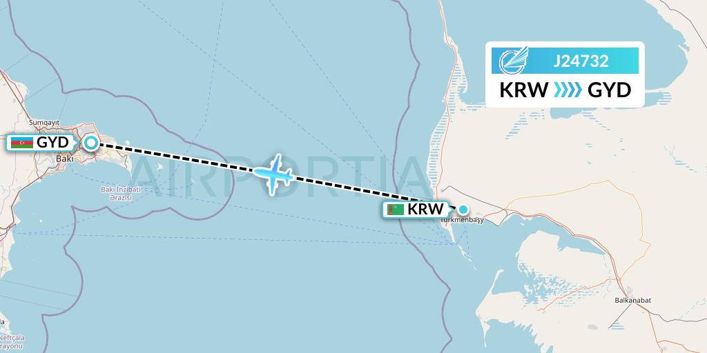 J24732 Azerbaijan Airlines Flight Map: Turkmenbashi to Baku