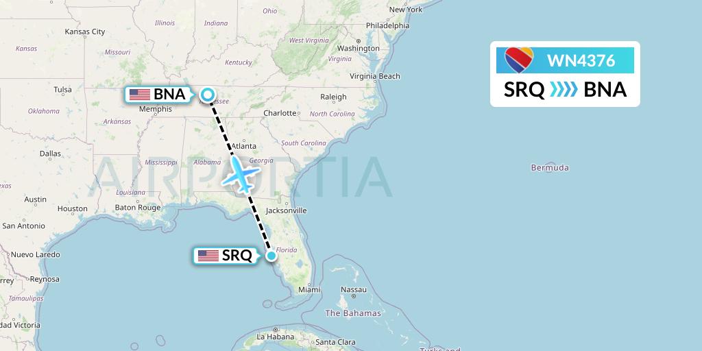 WN4376 Southwest Airlines Flight Map: Sarasota to Nashville