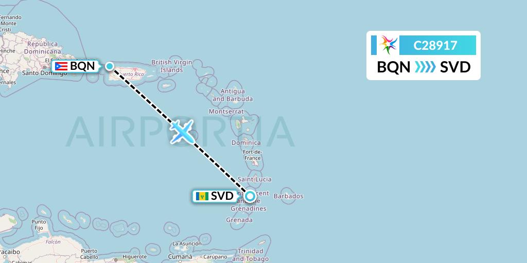 C28917 Ceiba Intercontinental Flight Map: Aguadilla to Kingstown