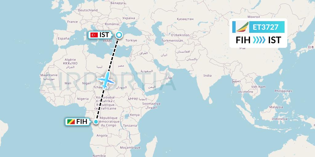 ET3727 Ethiopian Airlines Flight Map: Kinshasa to Istanbul
