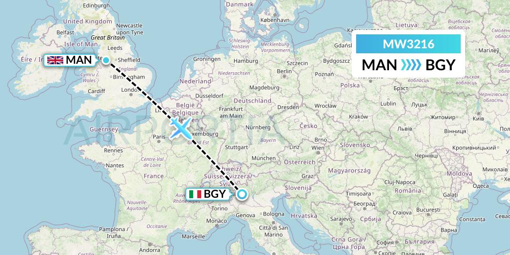 MW3216 Mokulele Flight Service Flight Map: Manchester to Milan