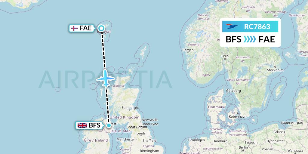 RC7863 Atlantic Airways Flight Map: Belfast to Vagar