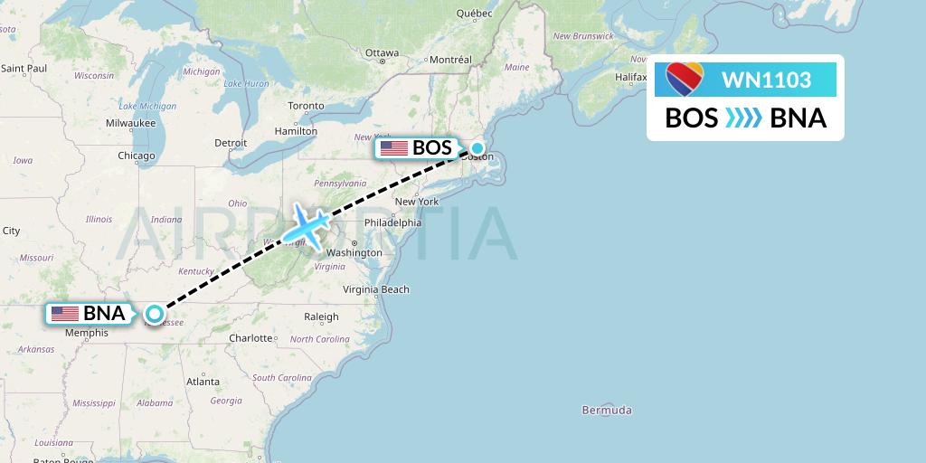 WN1103 Southwest Airlines Flight Map: Boston to Nashville