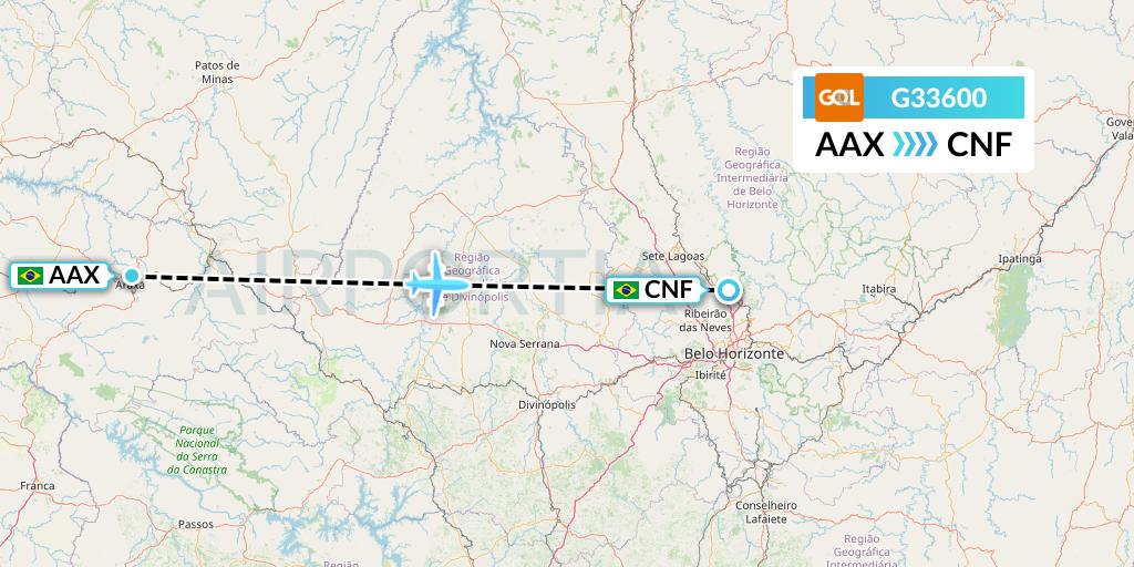 G33600 GOL Transportes Aeros Flight Map: Araxa to Belo Horizonte