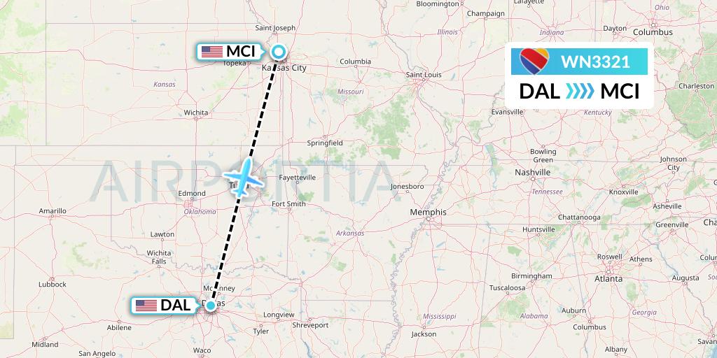 WN3321 Southwest Airlines Flight Map: Dallas to Kansas City