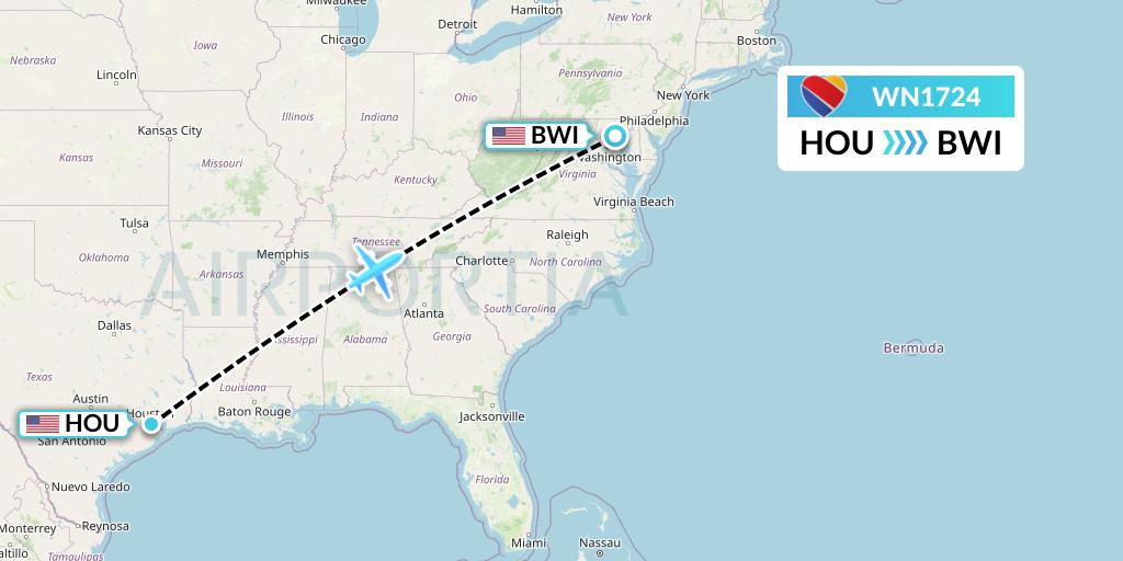 WN1724 Southwest Airlines Flight Map: Houston to Baltimore