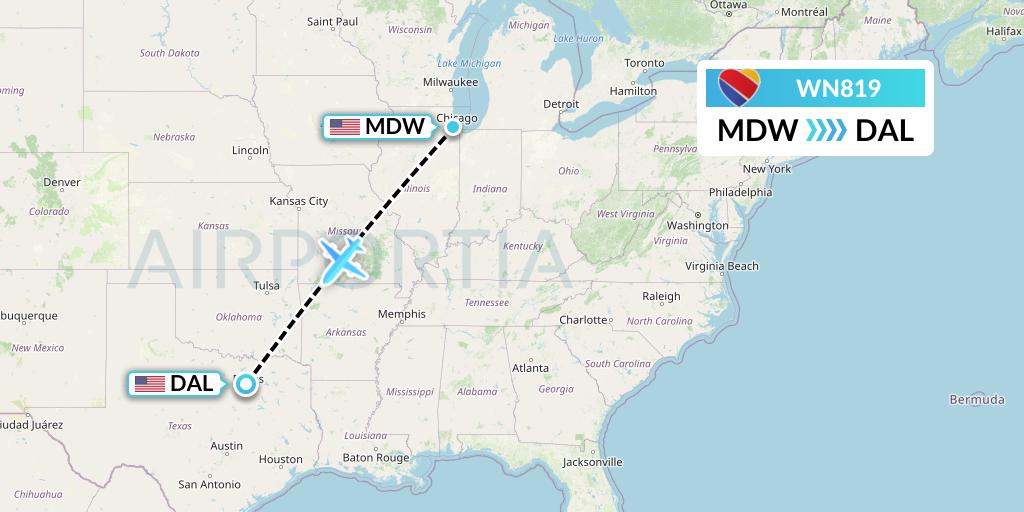 WN819 Southwest Airlines Flight Map: Chicago to Dallas