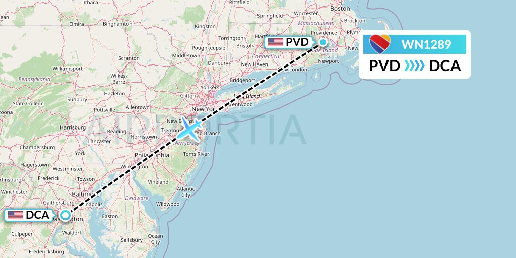 WN1289 Southwest Airlines Flight Map: Providence to Washington