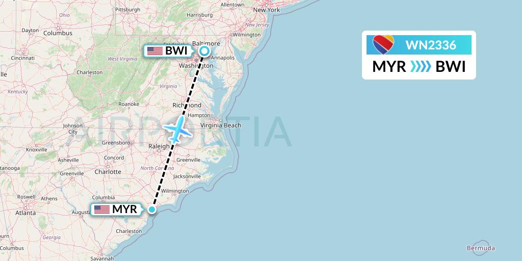 WN2336 Southwest Airlines Flight Map: Myrtle Beach to Baltimore
