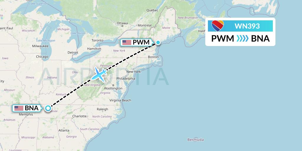 WN393 Southwest Airlines Flight Map: Portland to Nashville