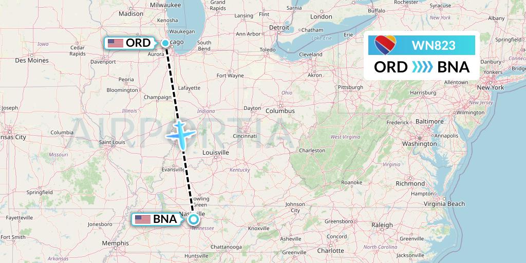 WN823 Southwest Airlines Flight Map: Chicago to Nashville