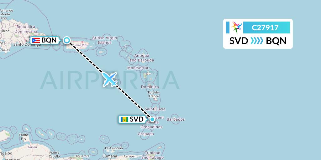C27917 Ceiba Intercontinental Flight Map: Kingstown to Aguadilla