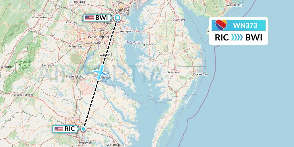 WN373 Southwest Airlines Flight Map: Richmond to Baltimore