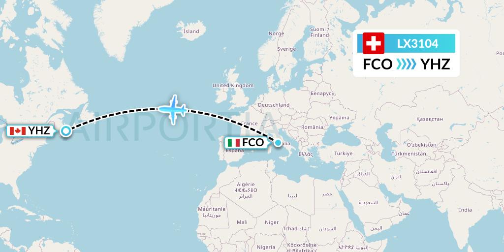 LX3104 Swiss Flight Map: Rome to Halifax