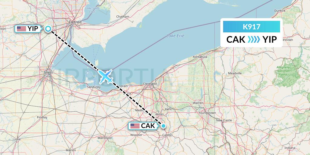 K917 Kalitta Charters Flight Map: Akron to Detroit
