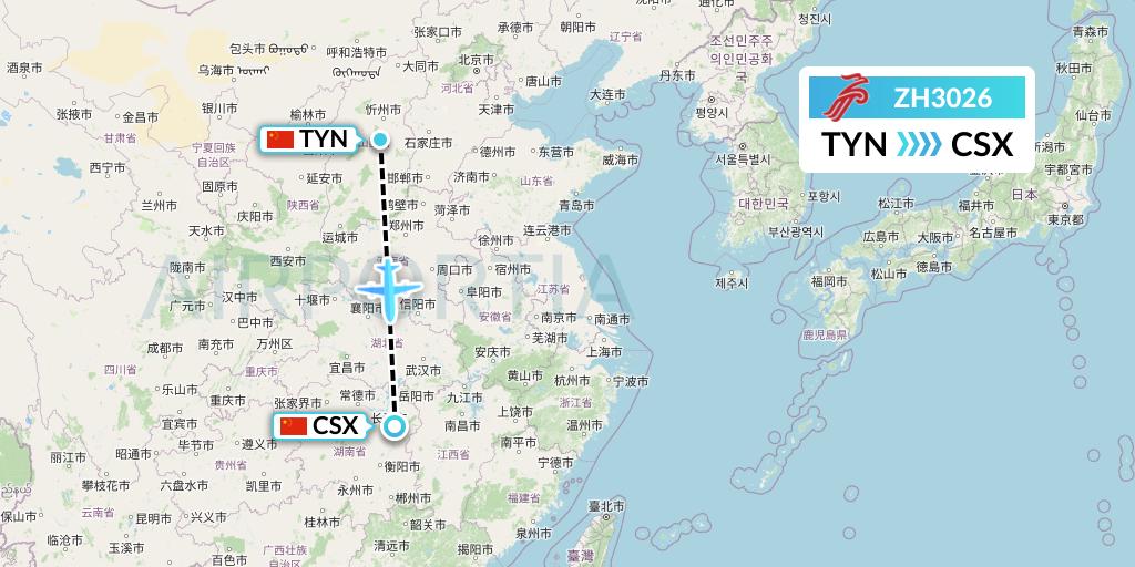 ZH3026 Shenzhen Airlines Flight Map: Taiyuan to Changsha