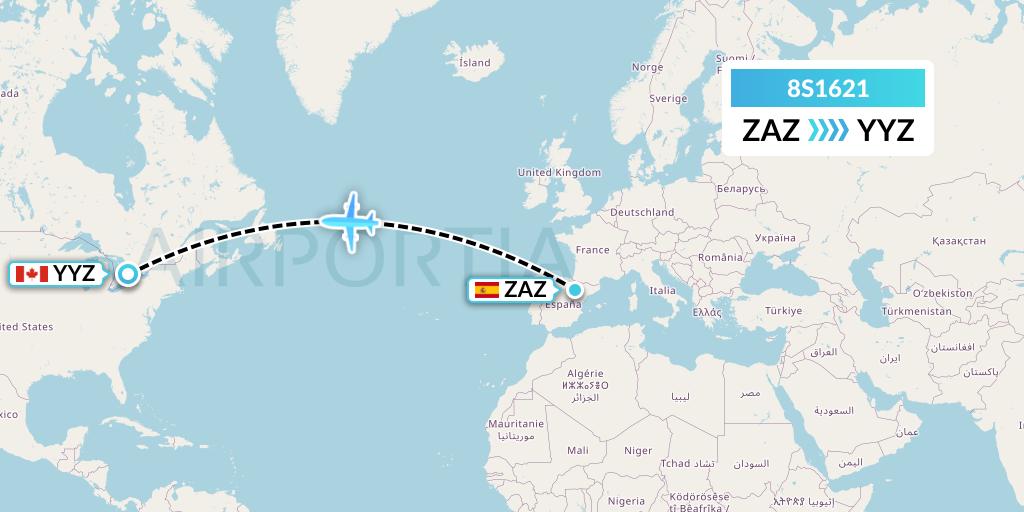 8S1621 Shun Tak-China Travel Ship Mgmt. Ltd. Flight Map: Zaragoza to Toronto