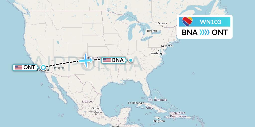 WN103 Southwest Airlines Flight Map: Nashville to Ontario