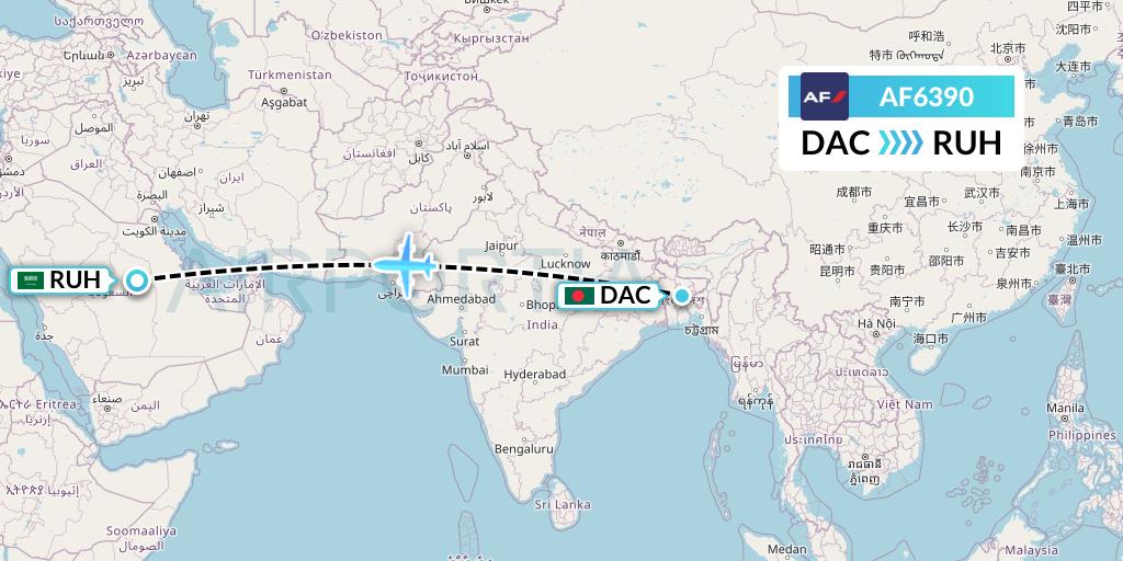 AF6390 Air France Flight Map: Dhaka to Riyadh