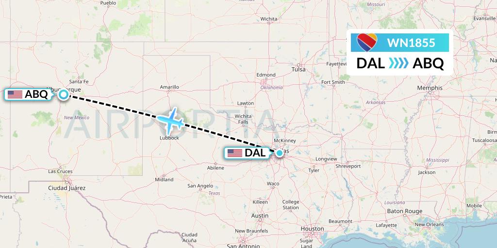 WN1855 Southwest Airlines Flight Map: Dallas to Albuquerque