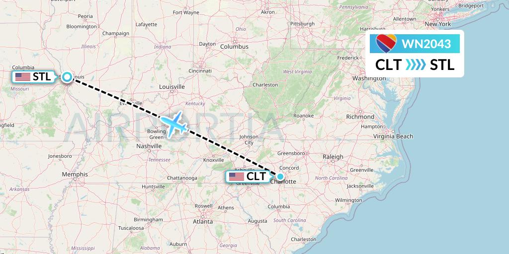 WN2043 Southwest Airlines Flight Map: Charlotte to St. Louis