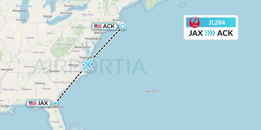 JL284 Japan Airlines Flight Map: Jacksonville to Nantucket