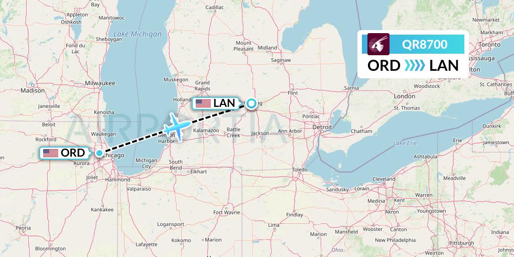 QR8700 Qatar Airways Flight Map: Chicago to Lansing