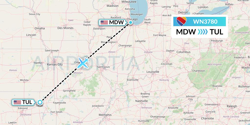 WN3780 Southwest Airlines Flight Map: Chicago to Tulsa