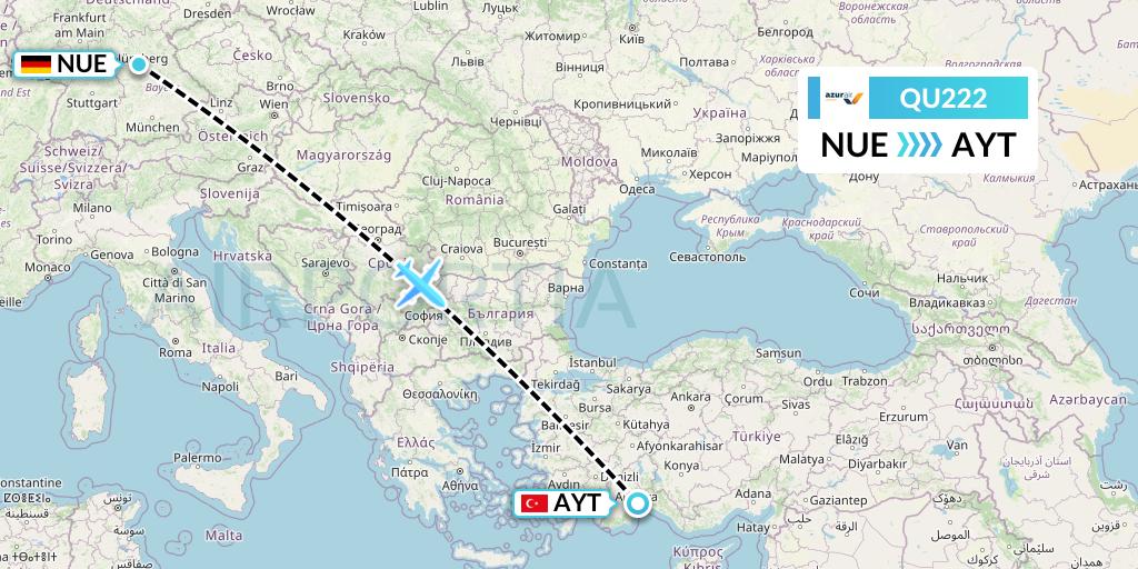 QU222 Azur Air Ukraine Flight Map: Nurnberg to Antalya