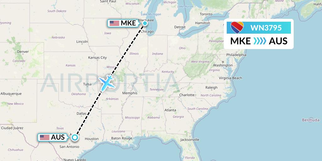 WN3795 Southwest Airlines Flight Map: Milwaukee to Austin