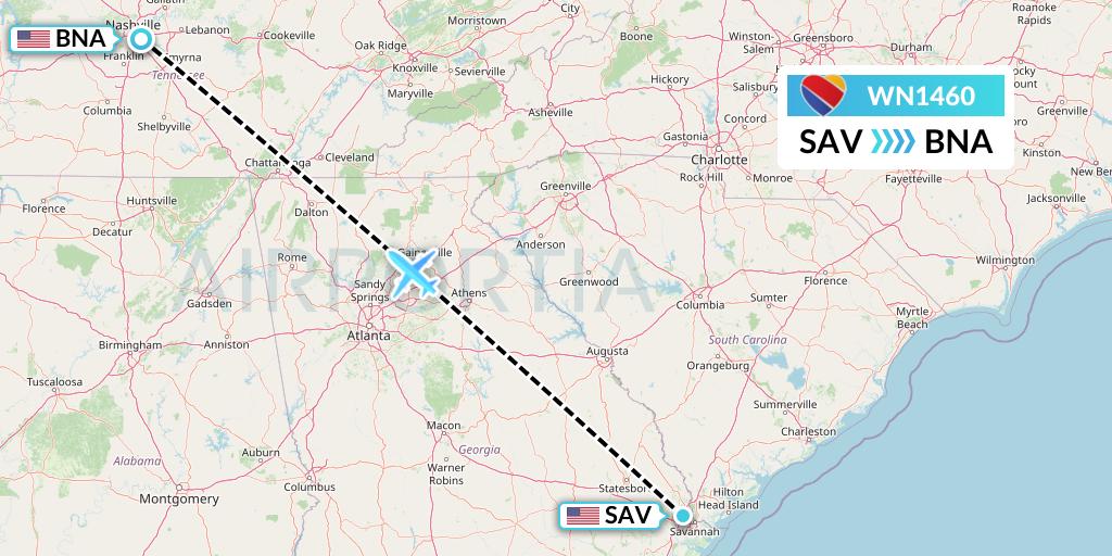 WN1460 Southwest Airlines Flight Map: Savannah to Nashville