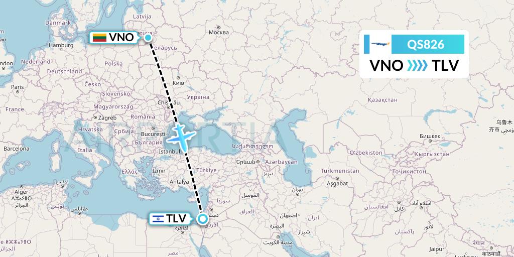 QS826 Smartwings Flight Map: Vilnius to Tel Aviv