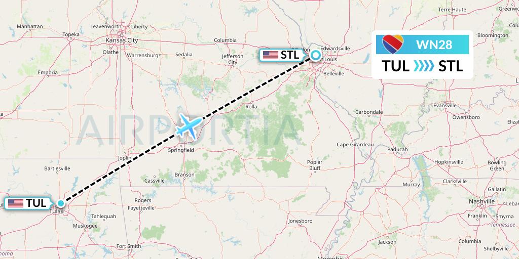 WN28 Southwest Airlines Flight Map: Tulsa to St. Louis