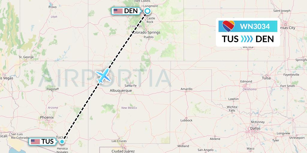WN3034 Southwest Airlines Flight Map: Tucson to Denver