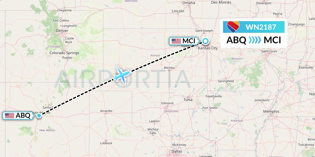 WN2187 Southwest Airlines Flight Map: Albuquerque to Kansas City