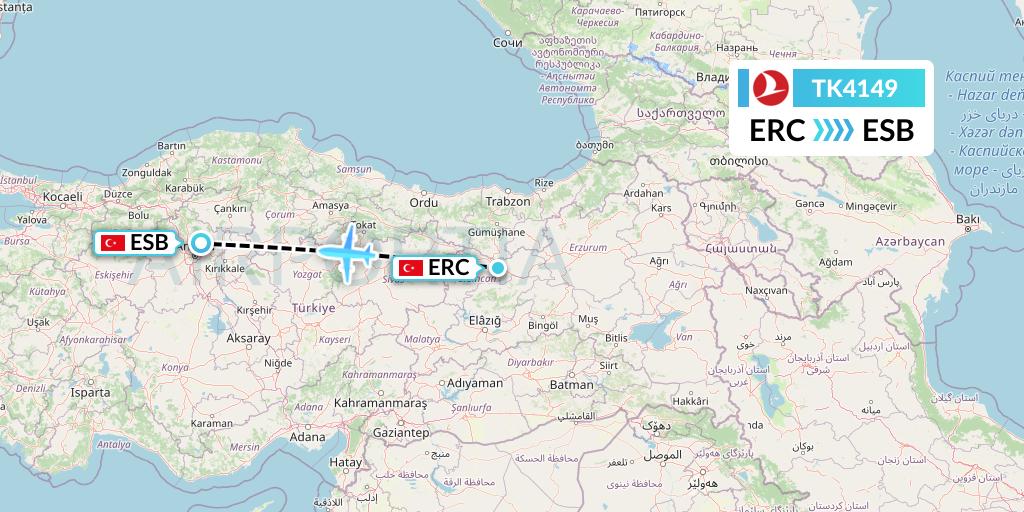 TK4149 Turkish Airlines Flight Map: Erzincan to Ankara