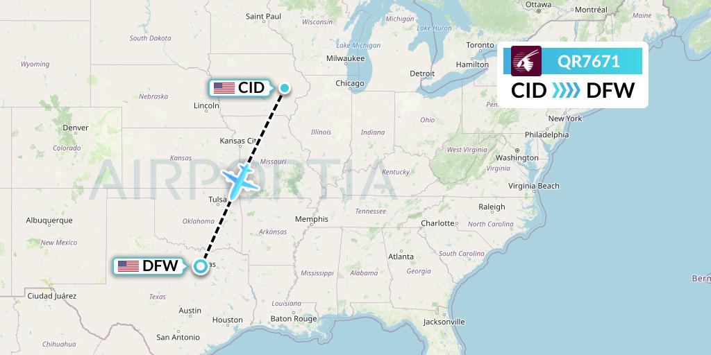 QR7671 Qatar Airways Flight Map: Cedar Rapids to Dallas