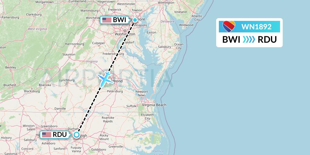WN1892 Southwest Airlines Flight Map: Baltimore to Raleigh-Durham
