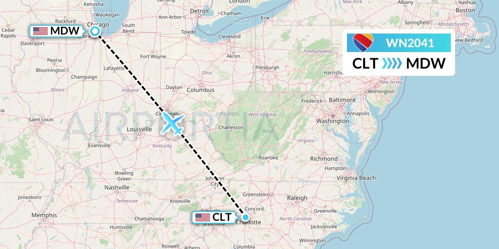WN2041 Southwest Airlines Flight Map: Charlotte to Chicago