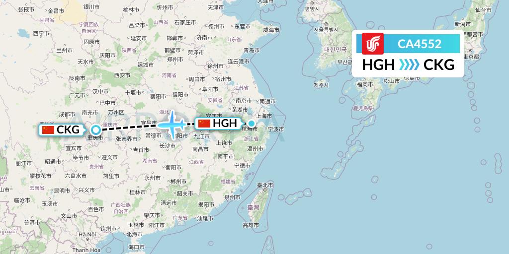 CA4552 Air China Flight Map: Hangzhou to Chongqing