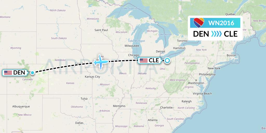 WN2016 Southwest Airlines Flight Map: Denver to Cleveland