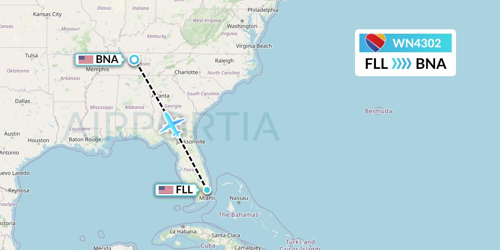 WN4302 Southwest Airlines Flight Map: Fort Lauderdale to Nashville