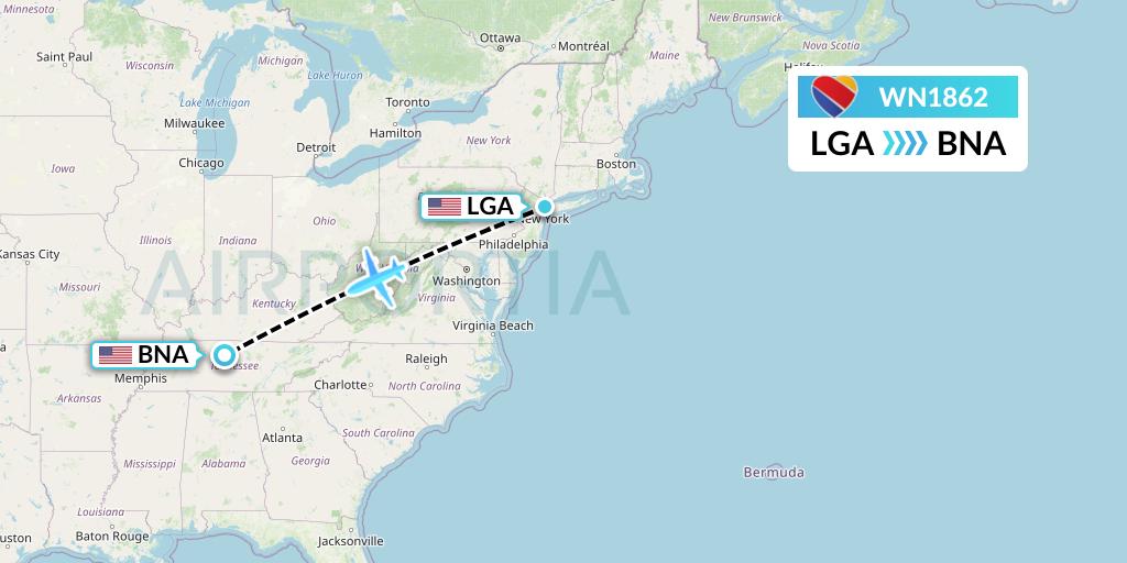 WN1862 Southwest Airlines Flight Map: New York to Nashville